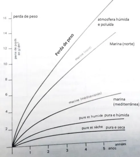 Figura 2: Curvas de desenvolvimento de corrosão para o ferro em perda de peso por ano,  (Philibert, 1973)