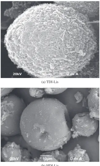 Figura 12. Micrografías de las microcápsulas a) TDI-Lis y b) HDI-Lis.