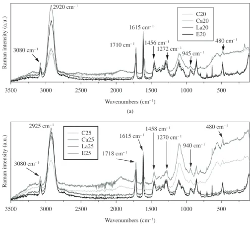 Figure 2. Raman spectra of the samples containing 20% glycerol in TPS (a) and 25% glycerol in TPS (b).
