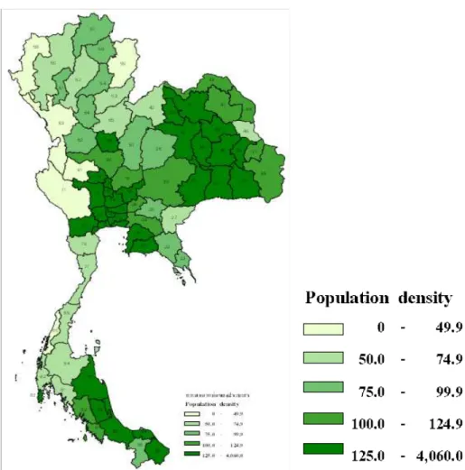 Figure 7. Population density by provinces (per square kilometer) in Thailand, 2000. 