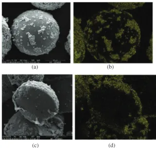 Figura 3. Micrografia de microscopia eletrônica de varredura do copolímero  com 90% de VAc (P7) : Parte externa da resina com aumento de 1500× (a)  e seu mapa de composição de ferro (b); Parte interna da resina com 90% de  VAc (P7) com aumento de 5000× (c)