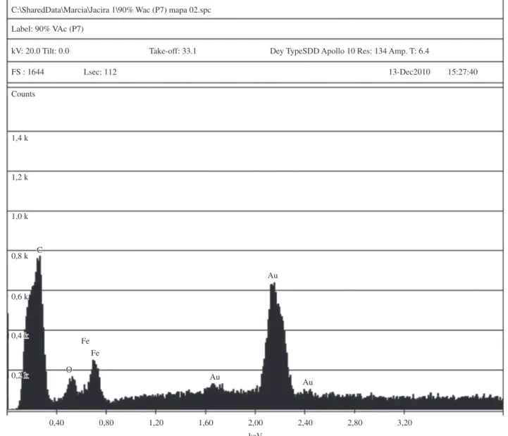 Figura 4. Espectro de energia dispersiva das partículas poliméricas magnéticas obtidas com 90 % de VAc (P7).