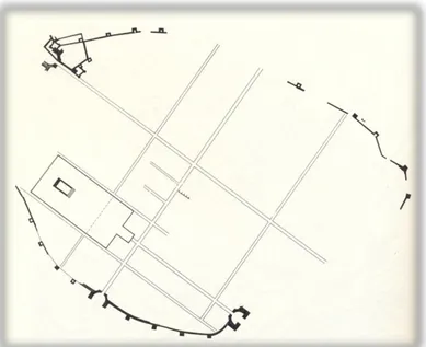 Figura 8 - Planta da cidade romana de Beja, com a indicação das muralhas, do fórum e de alguns  arruamentos