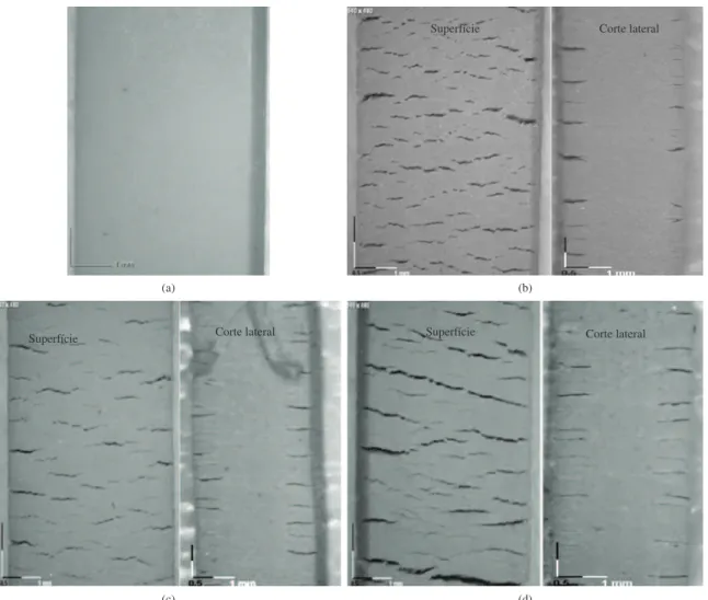 Figura 1. Imagens obtidas por microscopia óptica da amostra A, sob 10% de deformação mecânica: a) antes da exposição ao ozônio; b) após 15 minutos; 
