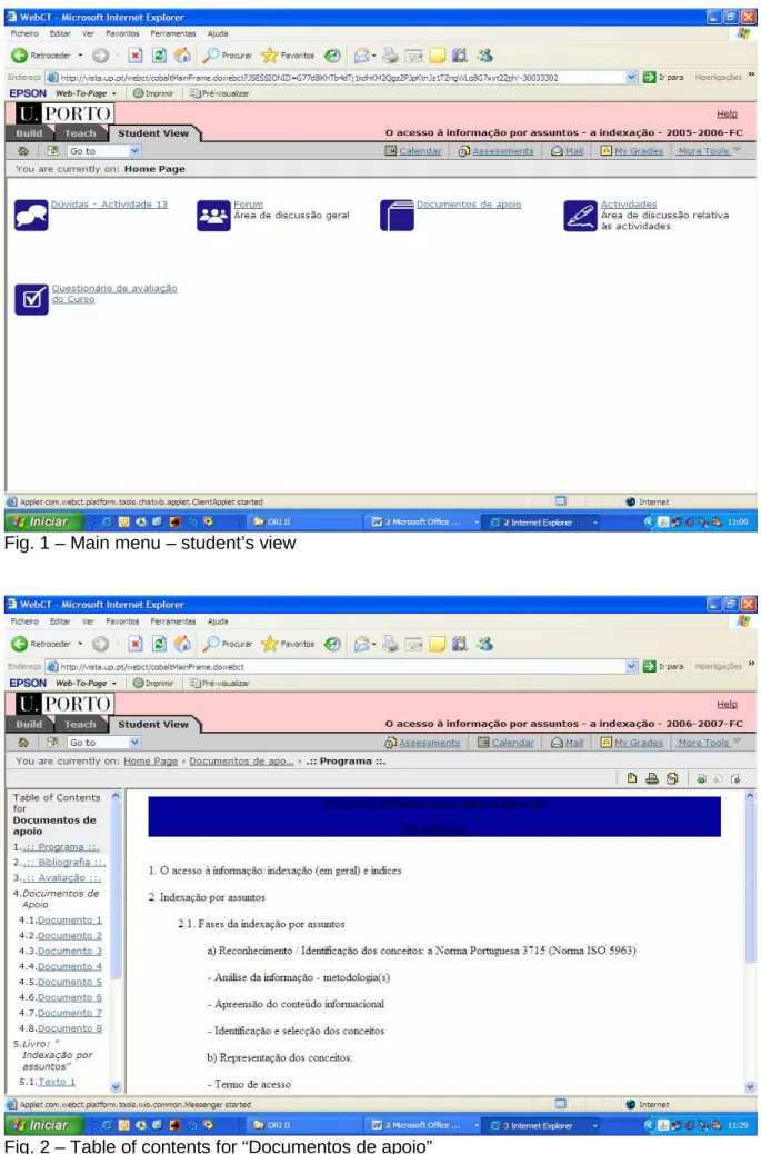Fig. 1 – Main menu – student’s view 