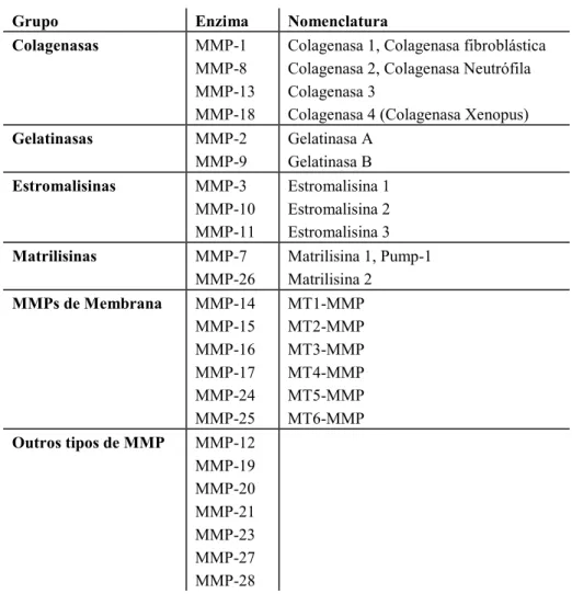 Table 1: Lista das metaloproteinases da matriz com actividade reconhecida nos tecidos biológicos em humanos