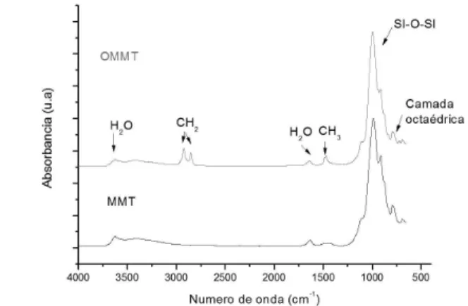 Figura 1. Espectros de FTIR obtidos para a argila sem tratamento  (MMT) e para a argila organofílica (OMMT).