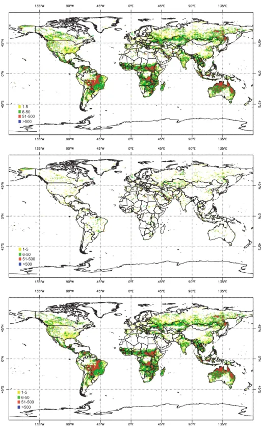 Fig. 5. Global maps (1997–2002) of original WFA ﬁre counts (a), data removed from the WFA (b), and screened data set (c).