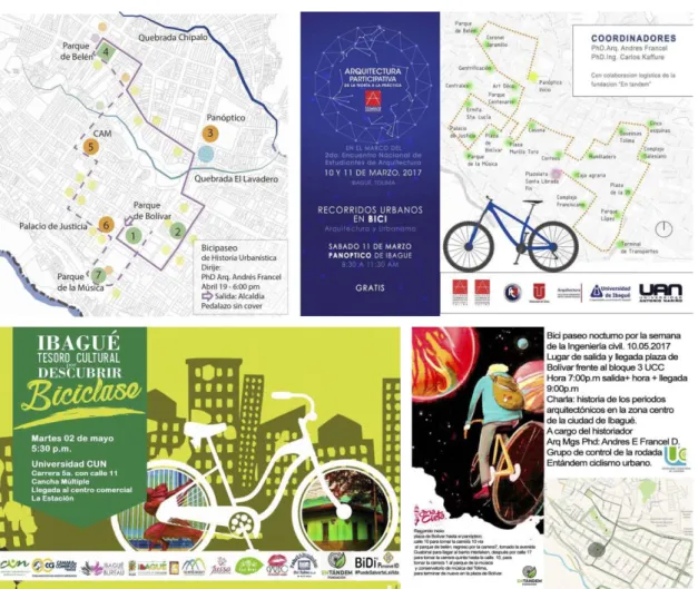 Figura 4. Piezas promocionales de las biciclases externas. Montaje propio (2018) a partir de las  imágenes de cada una de las páginas de Facebook de las instituciones