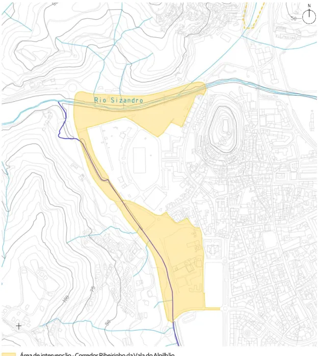 Figura 4.4. Área de Intervenção na Vala do Alpilhão, no contexto urbano. S/ Escala.  