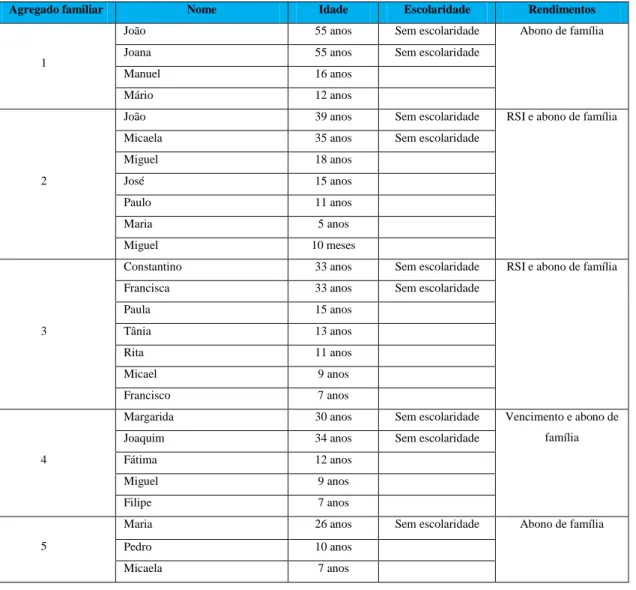 Tabela  3.1-  Caracterização  geral  dos  agregados  familiares  da  comunidade  cigana  da  Orada 