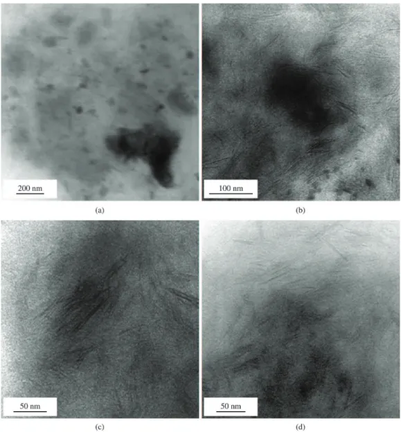 Figure 3. TEM images of EPDM/LDH nanocomposite (a) at low magnification and (b) at high magnification (c) stacks of LDH layers  and (d) LDH monolayer [ 43 ] 