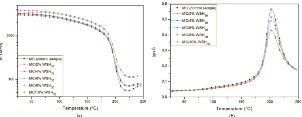 Figure 1. DMTA data obtained for the neat MC film and MC/WSH 30  nanocomposite films with 2, 4, 6, 8, and 10% filler