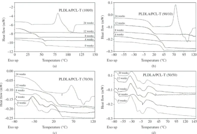 Figure 1. DSC curves (second heating) for the PLDLA/PCL-T membranes degraded in vitro in time 0, 4, 8, 12, 24 weeks