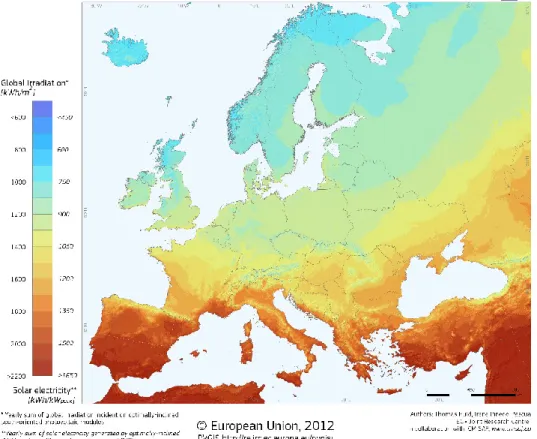 Figura 1 – Mapa europeu de irradiação solar global, [2], [3], [4] 
