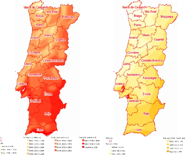 Figura 2 – Mapas de insolação e de irradiação solar global em Portugal, [6] 