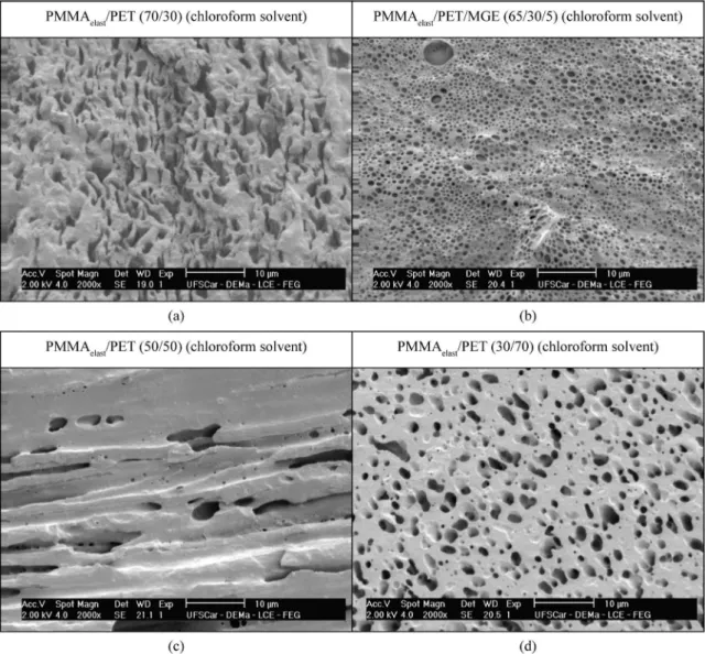 Figure 8. Morphology of PMMA elast /PET and PMMA elast /PET/MGE blends: (a) (70/30), (b) (65/30/5) (c) (50/50) (d) (30/70) using  chloroform for 15 minutes.