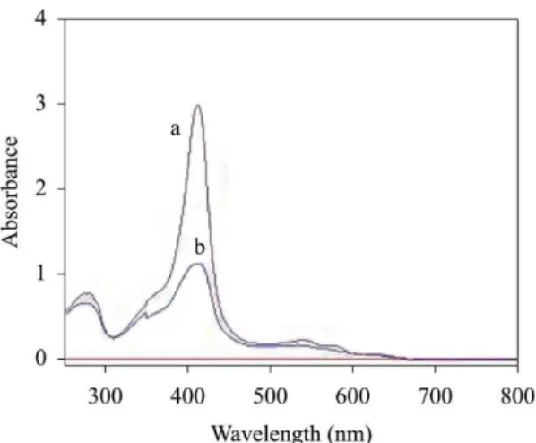 Figure 1. UV-visible spectra of SA integral membrane containing  Mb. (a) Mb/SA = 2 g/g, (b) Mb/SA = 1 g/g.
