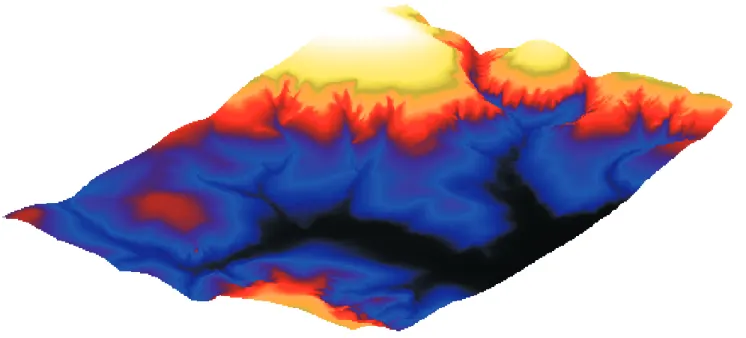 Figura 2. Visualização tridimensional do Modelo Digital de Terreno com vista frontal para a Bacia do Olaria-DF.