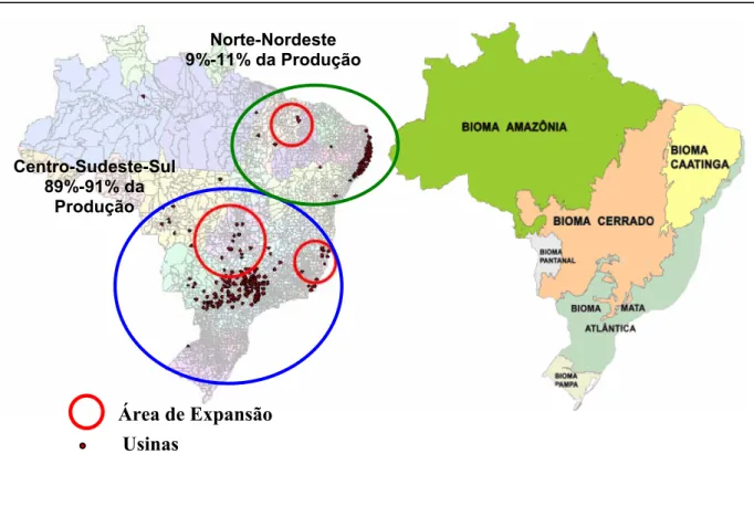 Figura 8 – Área Ocupada pela Cana-de-Açúcar Vrs Biomas do Brasil em 2006. 