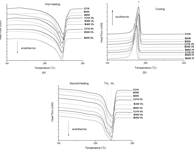 Figure 8. DSC curves (a) first heating, (b) cooling and (c) second heating of polyamide 6 with three viscosities indexes and their  nanocomposites with 3 and 5% clay