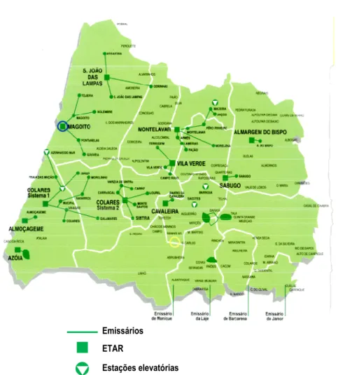Figura 3.2 - Localização dos emissários e das ETAR do concelho de Sintra. (Fonte: SMAS-Sintra,  2001).