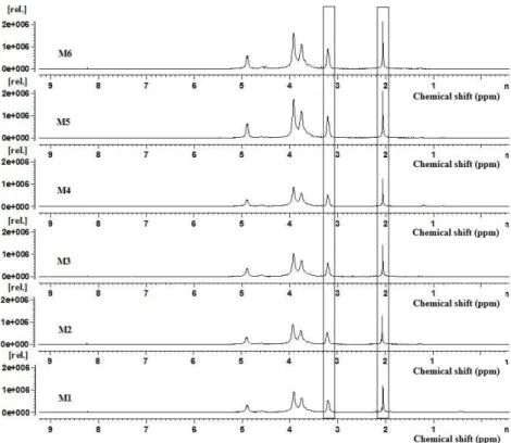 Figure 4.  1 H NMR spectra of samples M1, M2, M3, M4, M5 and M6. The solid lines in the regions of 3.30 to 3.10 ppm and of 2.08 to  2.00 ppm refer to the hydrogens of the amino and acetyl groups, respectively.