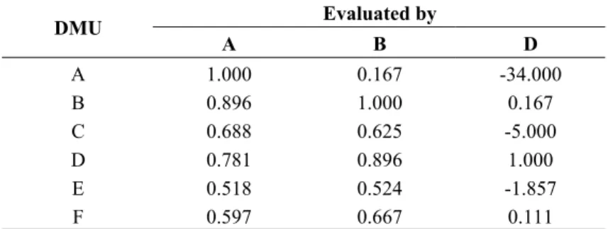 Table 6 – Efficiency of all DMUs when evaluated by the efficient DMUs. 