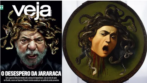 Fig. 3 and 4. On 16/03/2016 edition, the magazine Veja illustrated the headline with a meta- meta-phor between the mythological figure of Medusa, who had snakes instead of hair on her  head, and the former President Lula