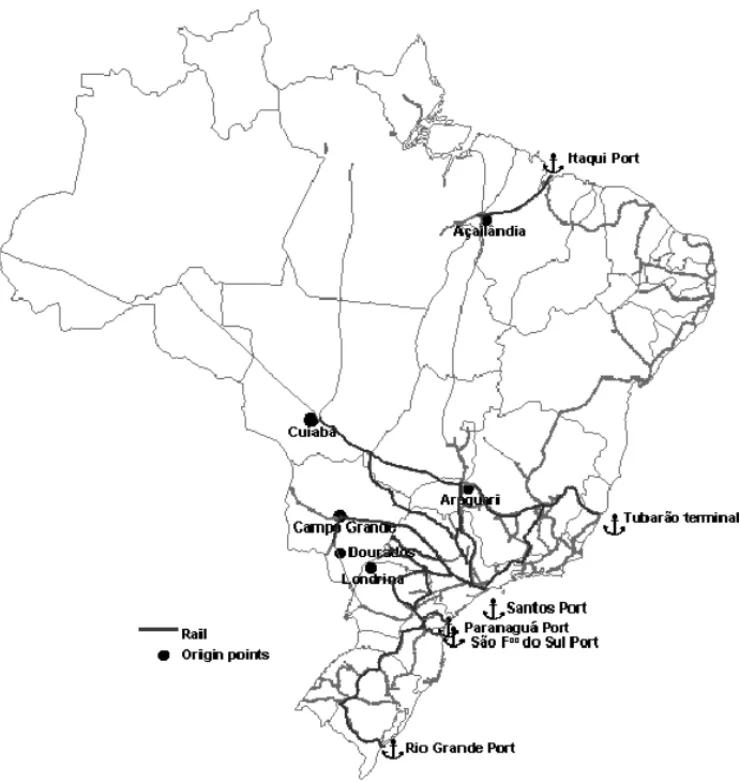 Figure 2 – Origin points and transshipment terminals. Source: Dubke (2006).