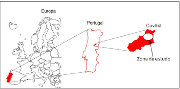 Figura 3.1 - Enquadramento geográfico do local de estudo, Covilhã, Portugal (Adptado de Pinheiro,  2013) 
