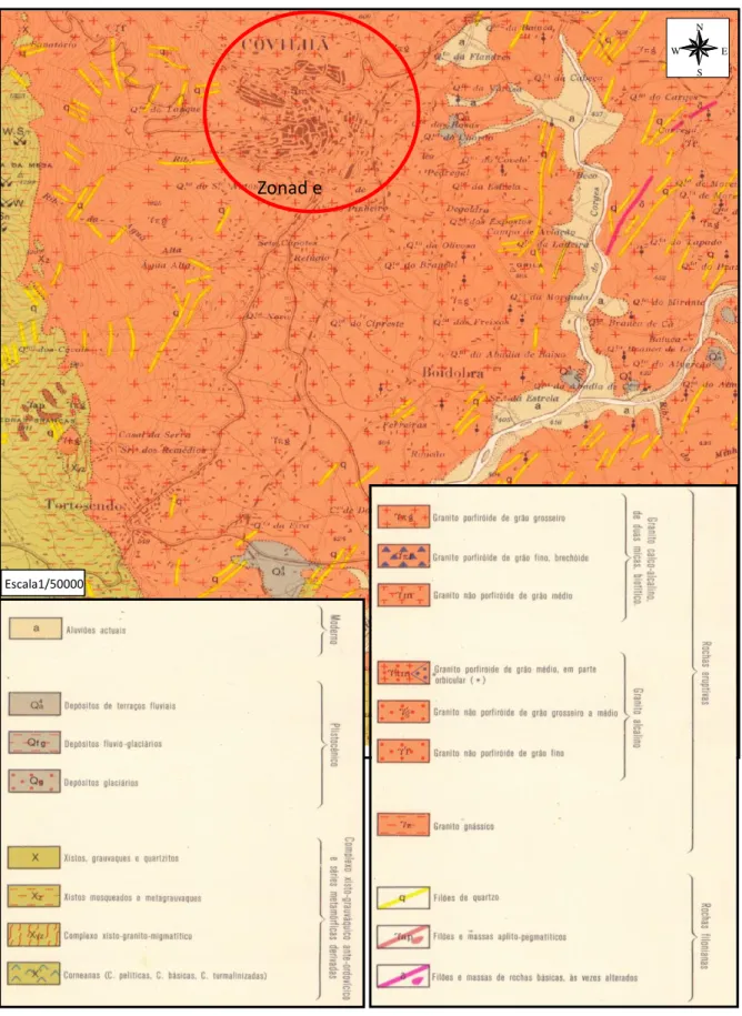 Figura 3.4 – Localização da zona de estudo em extrato da Carta Geológica da Covilhã (carta nº 20-B Covilhã,  Escala 1/50000, Teixeira et al