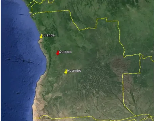 Figura 1 – Localização da vila da Quibala em Angola  Fonte: GoogleEarth (escala 1:15 000 000) 
