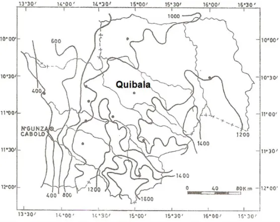 Figura 2 – Esboço das isoietas anuais da província do Cuanza Sul (mm)  Fonte: CEP (1985) (adaptado) 