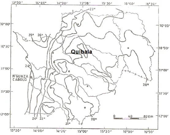 Figura 3 – Esboço das isotermas anuais da província do Cuanza Sul (ºC)  Fonte : CEP (1985) (adaptado)