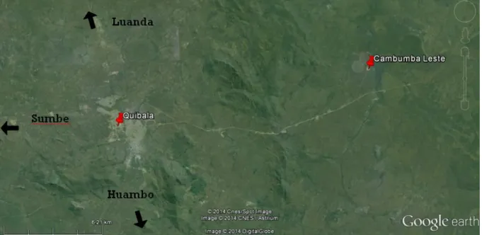 Figura 6 – Localização da fazenda de Cambumba Leste, na região da Quibala  Fonte: GoogleEarth (escala 1:194 000) 