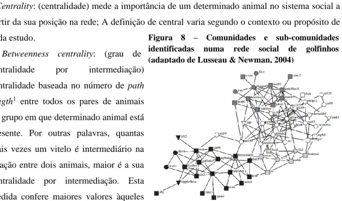 Figura  8  –  Comunidades  e  sub-comunidades  identificadas  numa  rede  social  de  golfinhos  (adaptado de Lusseau &amp; Newman, 2004)