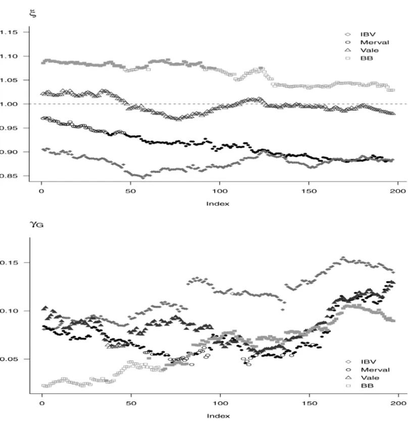 Figure 1 – Estimates of the asymmetry parameter of the error distributions (ξ ) and of the leverage parameter (γ G ) of the GJR-GARCH model for the IBV, Merval, Vale, and BB series