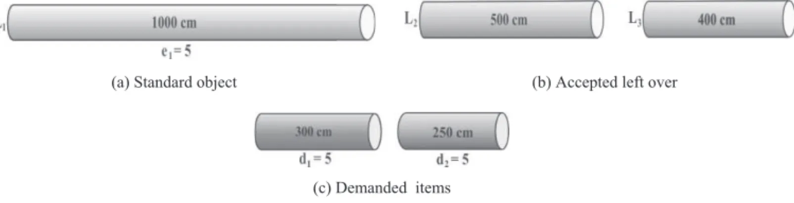 Figure 1 – (a)-(c) Data of a cutting stock/leftover problem.