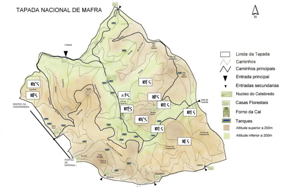 Figura 5 - Mapa da Tapada Nacional de Mafra com localização das populações estudadas (adaptado de TNM) 