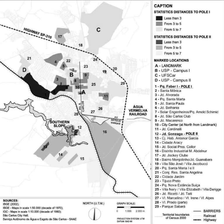 Figure 1 – Classification map of census sectors according to the value of the statistic distance to one of the social strata poles