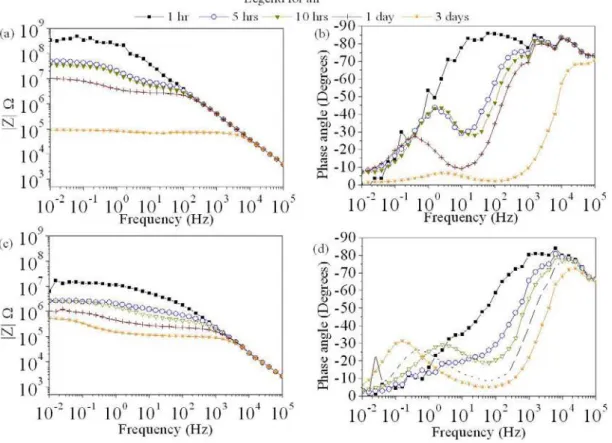Figure 5: Bode plots of specimens Zn/R (a - b) and ZnFe/R (c - d) at different immersion times