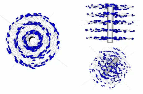 Figure 7: Three views of one Havers system using VTK software and MIP data. Dimensions of the cylinder  shape unit cell: diameter =0.32 mm; height (h) =variable; and volume= (1