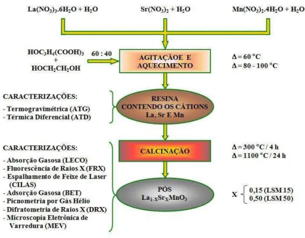 Figura 1: Seqüência experimental para preparação e caracterização dos pós de La 1-x Sr x MnO 3 