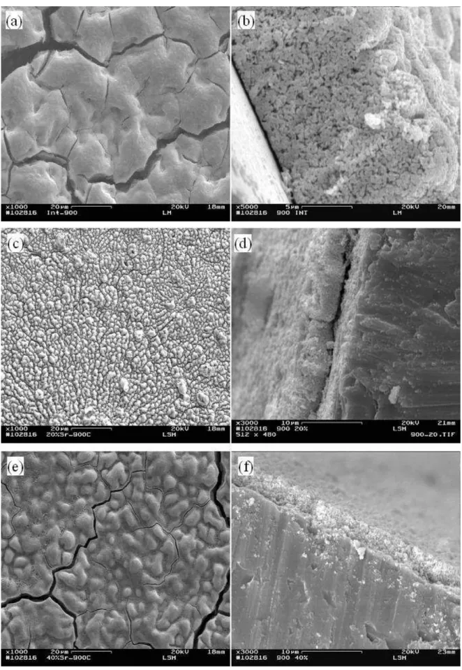 Figura 3: Imagens de microscopia eletrônica de varredura da superfície e seção transversal de filmes de LSM  depositados em Si (100) tipo p e tratados termicamente a 900ºC: (a, b) LaMnO 3 , (c, d) La 0,8 Sr 0,2 MnO 3  e (e, f) 