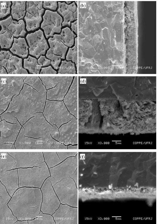 Figura 5: Imagens de microscopia eletrônica de varredura da superfície de seção transversal de filmes de  LSM depositados em 8ZEI e tratados termicamente a 900ºC: (a, b) LaMnO 3 , (c, d) La 0,8 Sr 0,2 MnO 3  e (e, f) 