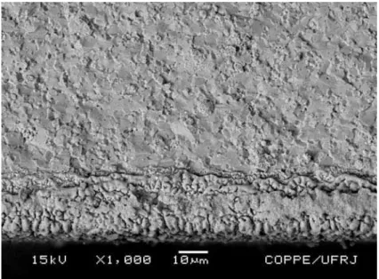 Figura 8: Imagem de microscopia eletrônica de varredura da secção transversal de filme LSM depositado em  8ZEI com fluxo de 1,5 ml/min e termicamente tratado a 900ºC com taxa de aquecimento lenta