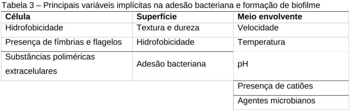 Tabela 3 – Principais variáveis implícitas na adesão bacteriana e formação de biofilme 