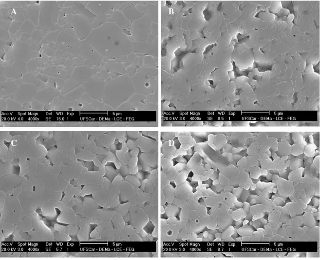 Figura 9: Micrografias de alumina: A) amostra obtida por prensagem de pó; B) amostra colada (9%PVB); 