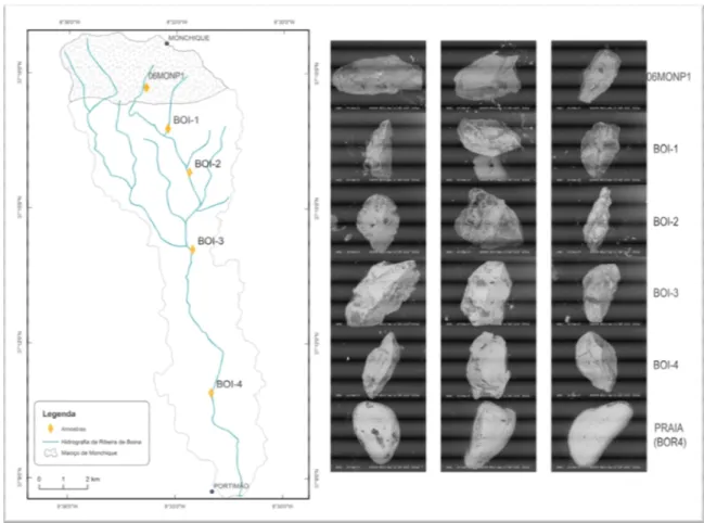 Fig. 3 – Locais de amostragem e imagens de grãos captadas no MEV ao longo da Ribeira de Boina